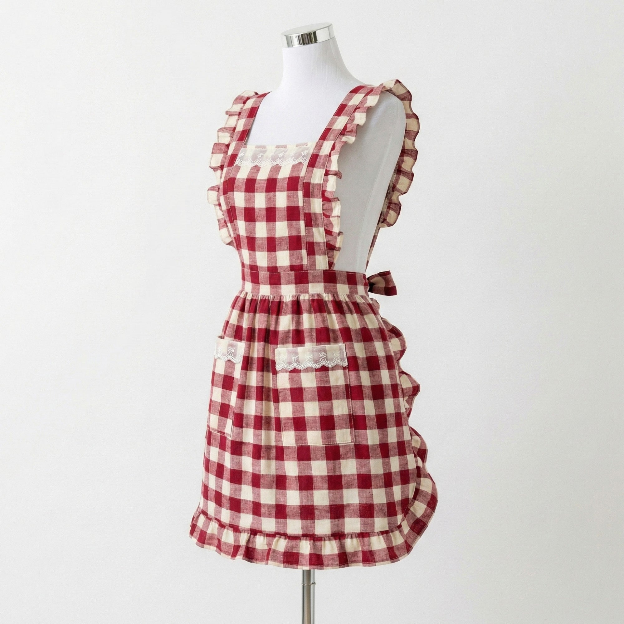 Anna-Kaci Gingham Kitchen Apron with Ruffle Trim Adjustable Waist Ties Lace Bib Detail and Front Pocket