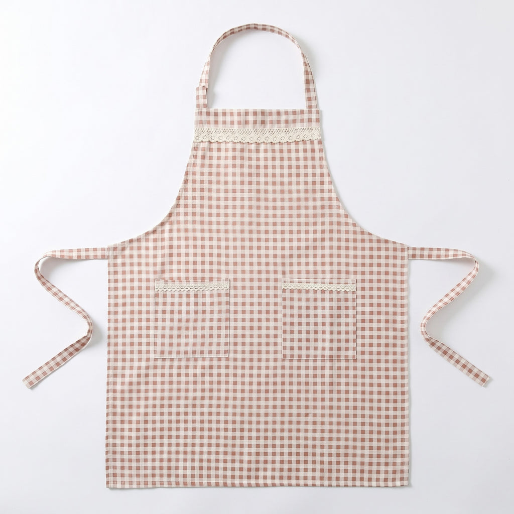 Anna-Kaci Kitchen Apron Gingham Check Pattern with Lace Trim Adjustable Neck Strap Dual Front Pockets