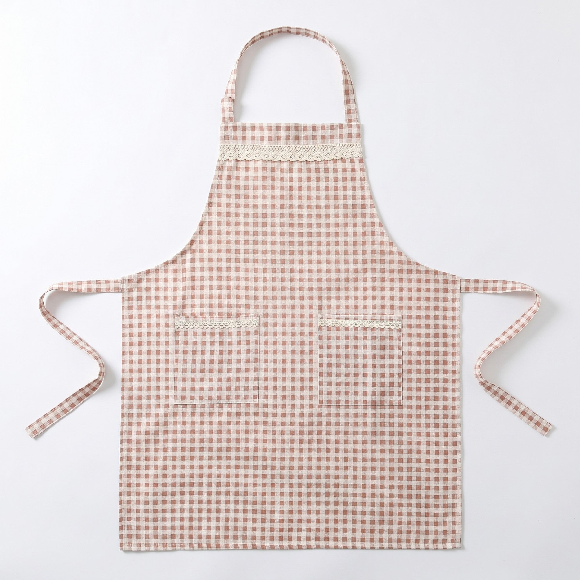 Anna-Kaci Kitchen Apron Gingham Check Pattern with Lace Trim Adjustable Neck Strap Dual Front Pockets