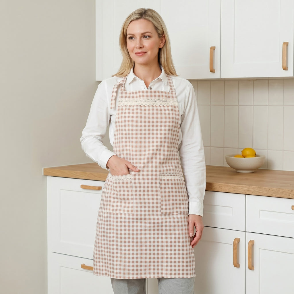 Anna-Kaci Kitchen Apron Gingham Check Pattern with Lace Trim Adjustable Neck Strap Dual Front Pockets