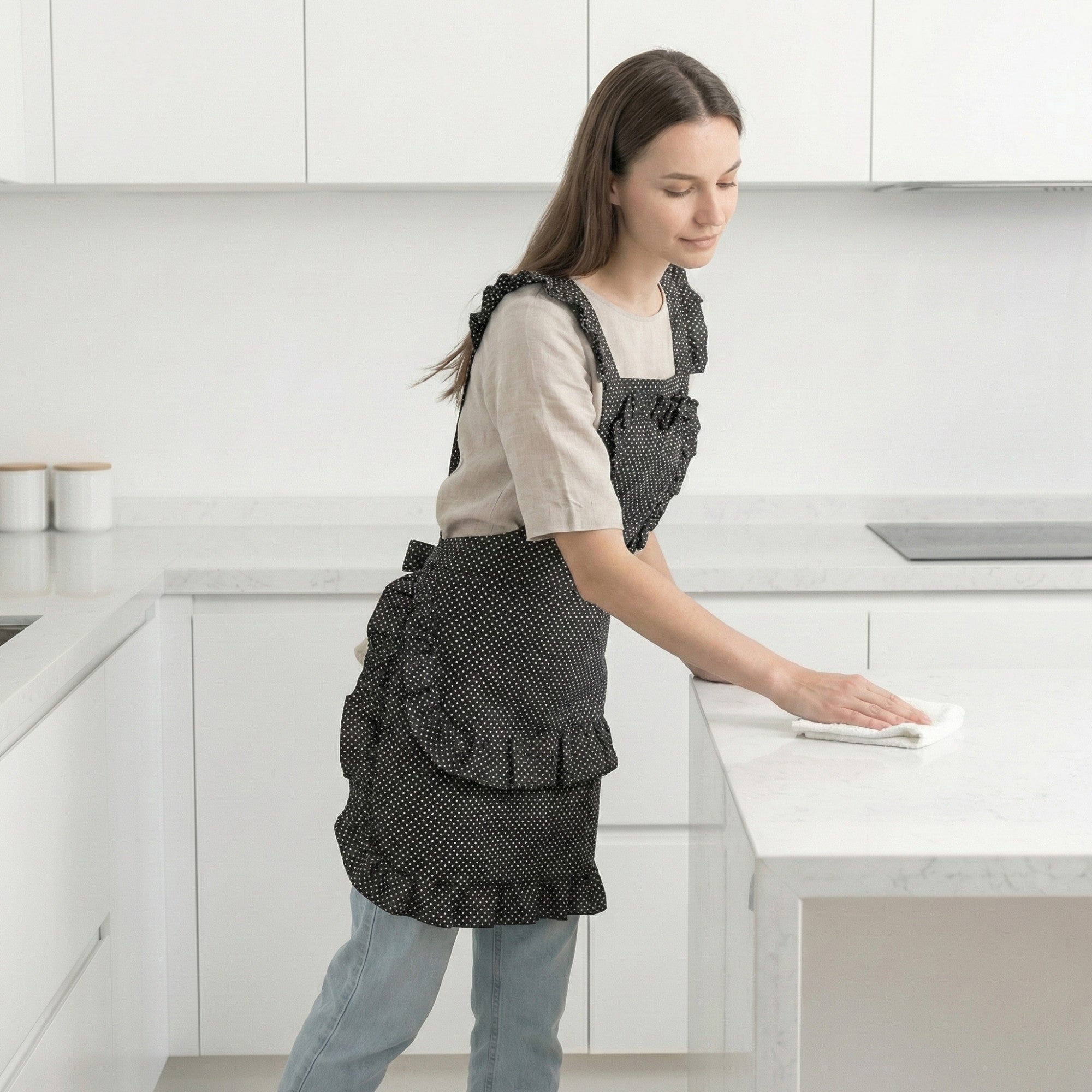 Anna-Kaci Polka Dot Kitchen Apron with Heart Bib Ruffle Trim Adjustable Waist Ties and Front Pocket
