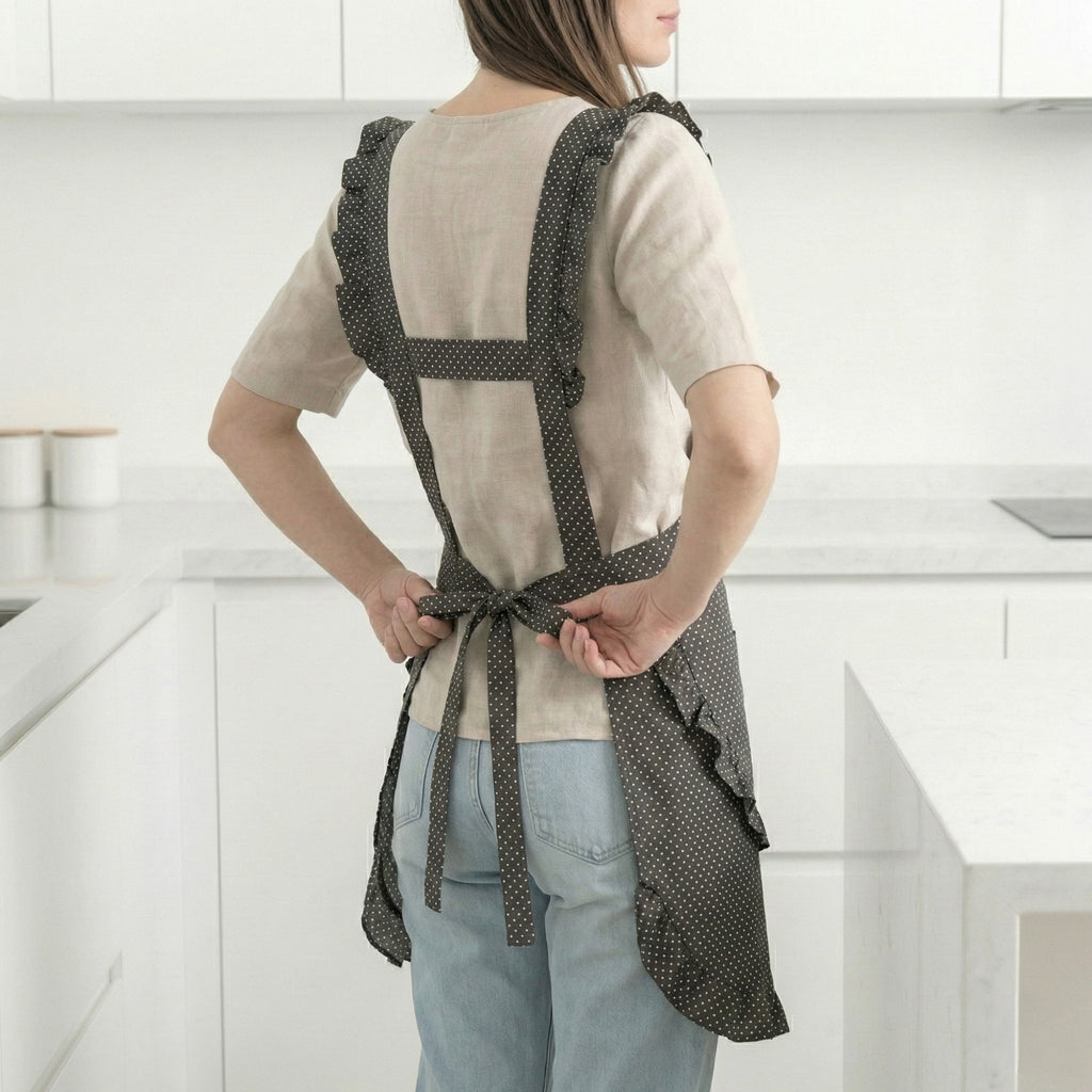 Anna-Kaci Polka Dot Kitchen Apron with Heart Bib Ruffle Trim Adjustable Waist Ties and Front Pocket