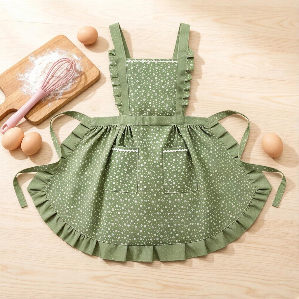 Anna-Kaci Floral Print Kitchen Apron with Ruffled Trim Adjustable Waist Ties and Front Pockets