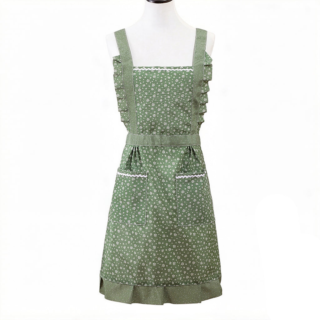 Anna-Kaci Floral Print Kitchen Apron with Ruffled Trim Adjustable Waist Ties and Front Pockets