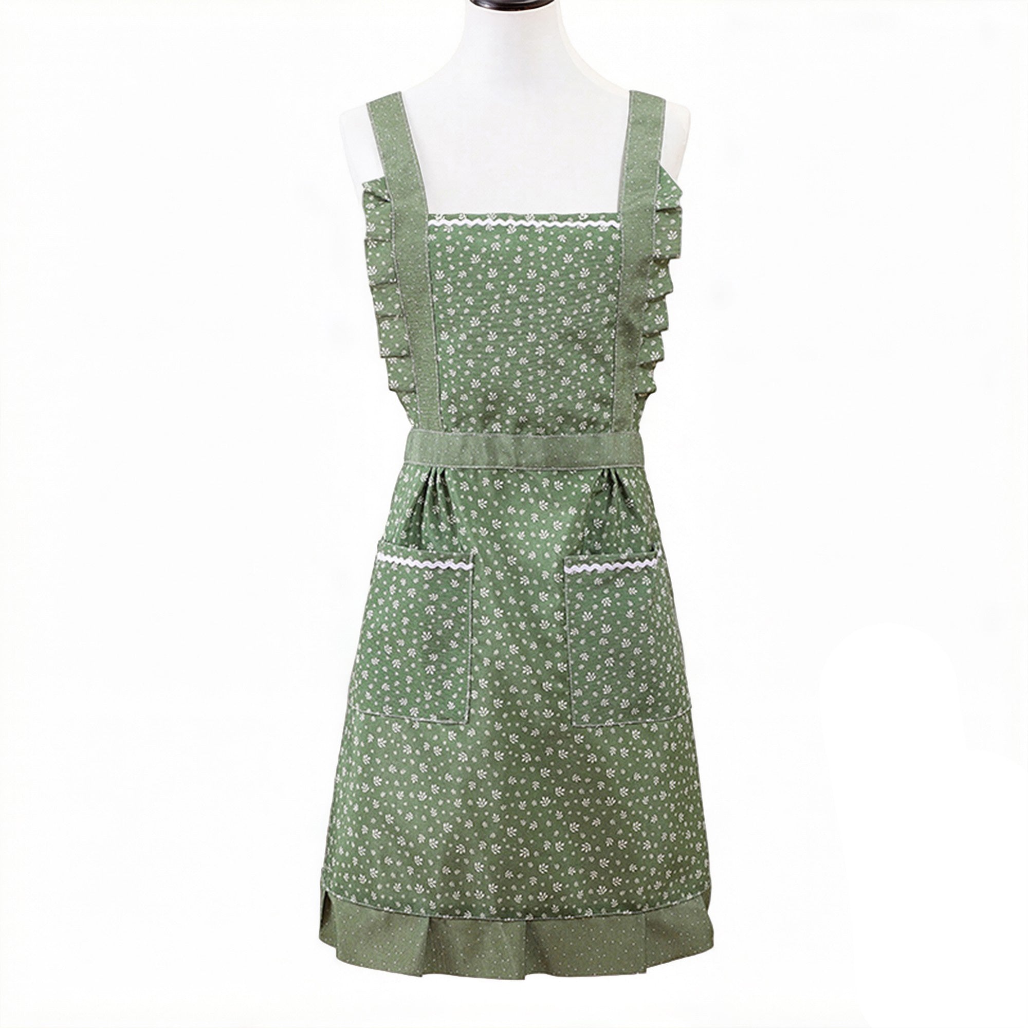 Anna-Kaci Floral Print Kitchen Apron with Ruffled Trim Adjustable Waist Ties and Front Pockets
