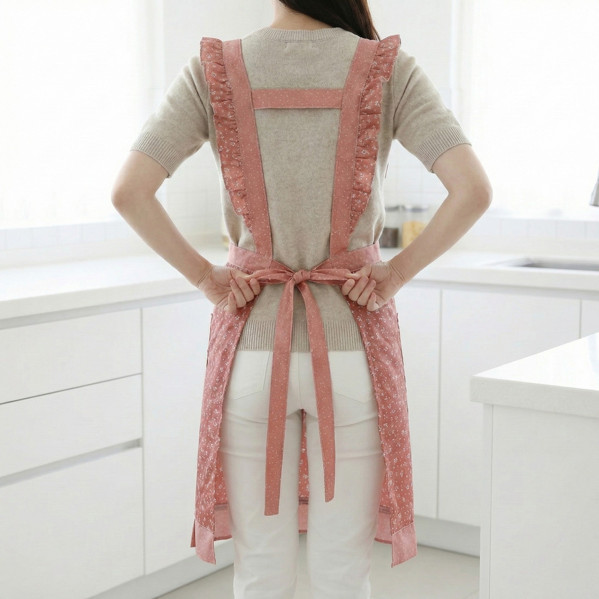 Anna-Kaci Floral Print Kitchen Apron with Ruffled Trim Adjustable Waist Ties and Front Pockets