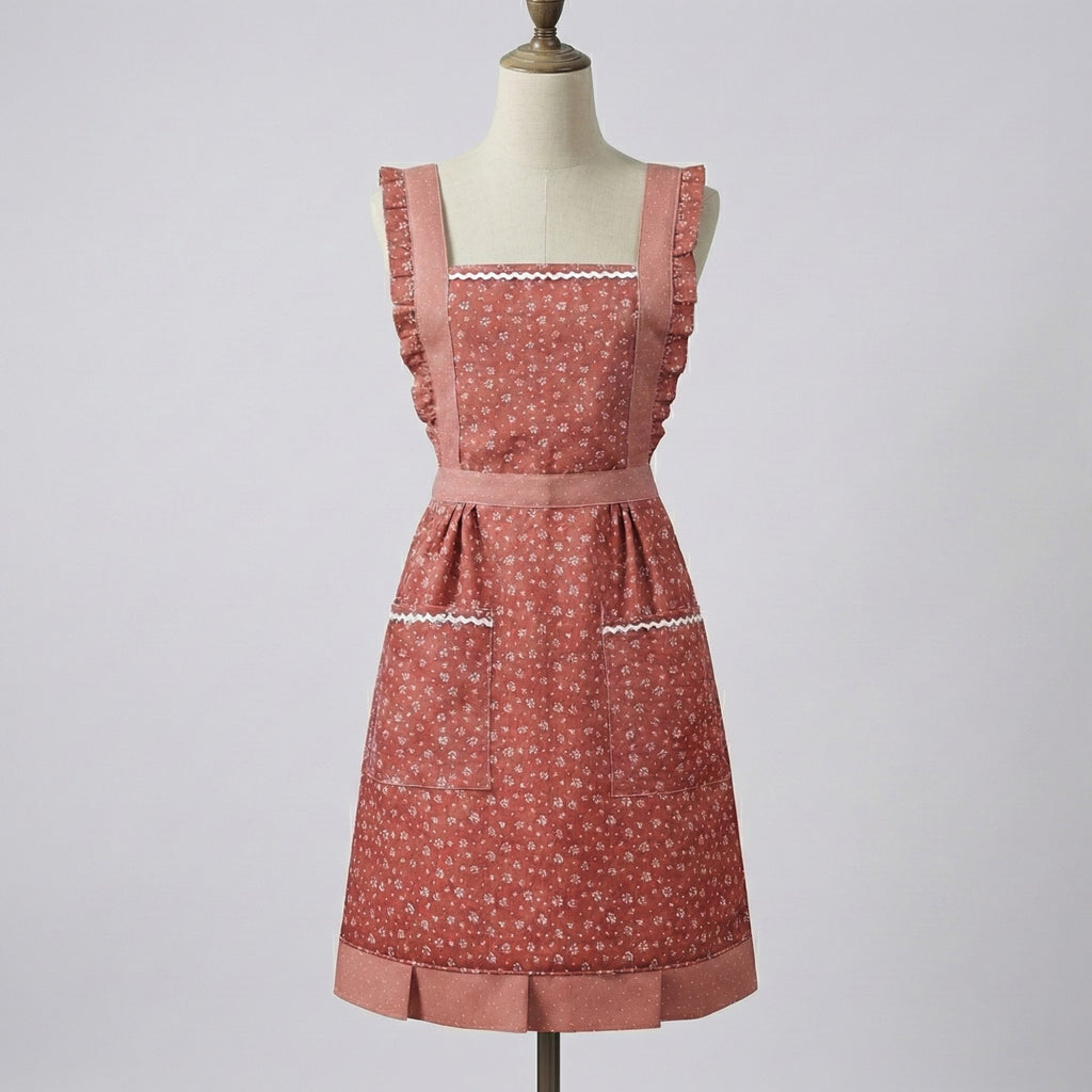 Anna-Kaci Floral Print Kitchen Apron with Ruffled Trim Adjustable Waist Ties and Front Pockets