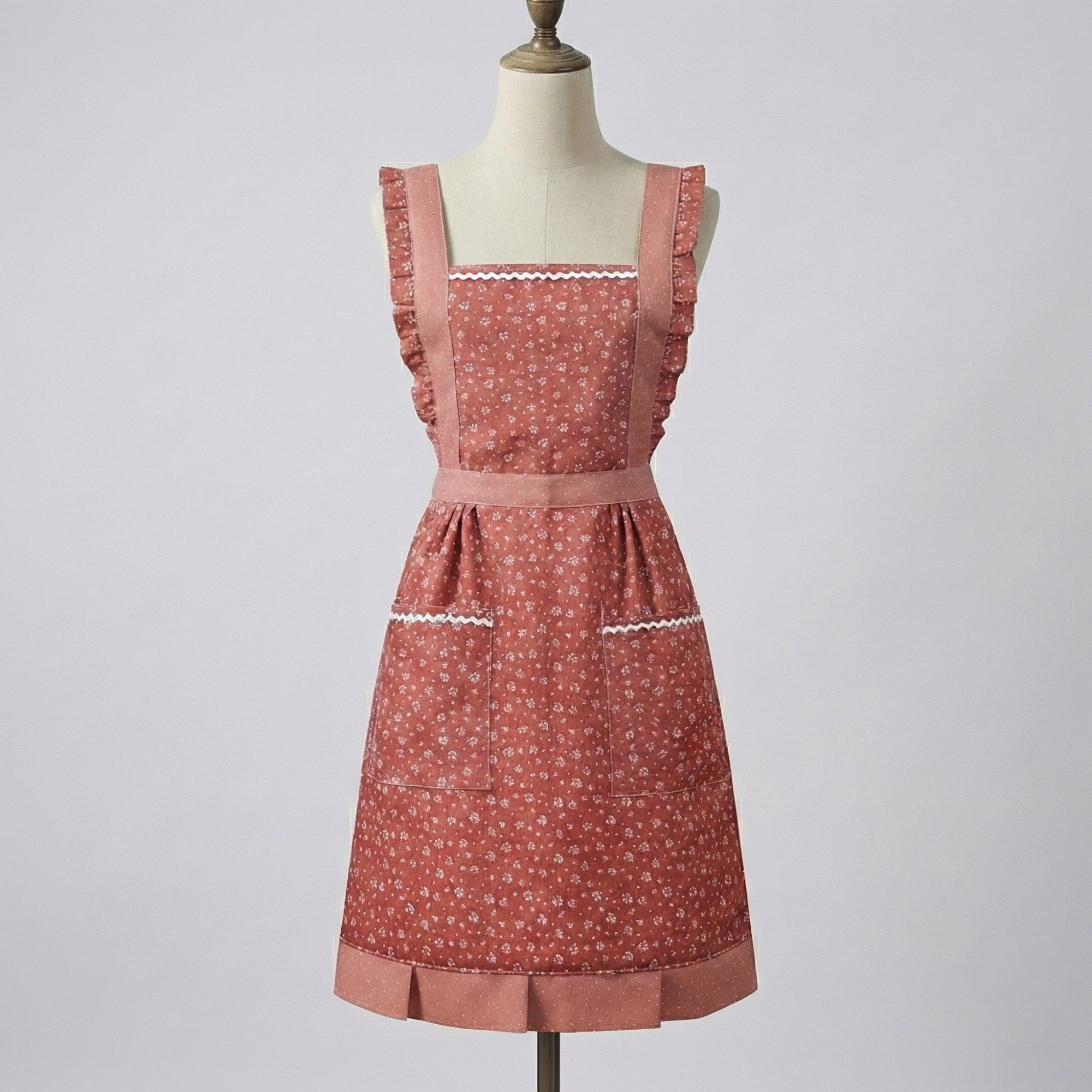 Anna-Kaci Floral Print Kitchen Apron with Ruffled Trim Adjustable Waist Ties and Front Pockets