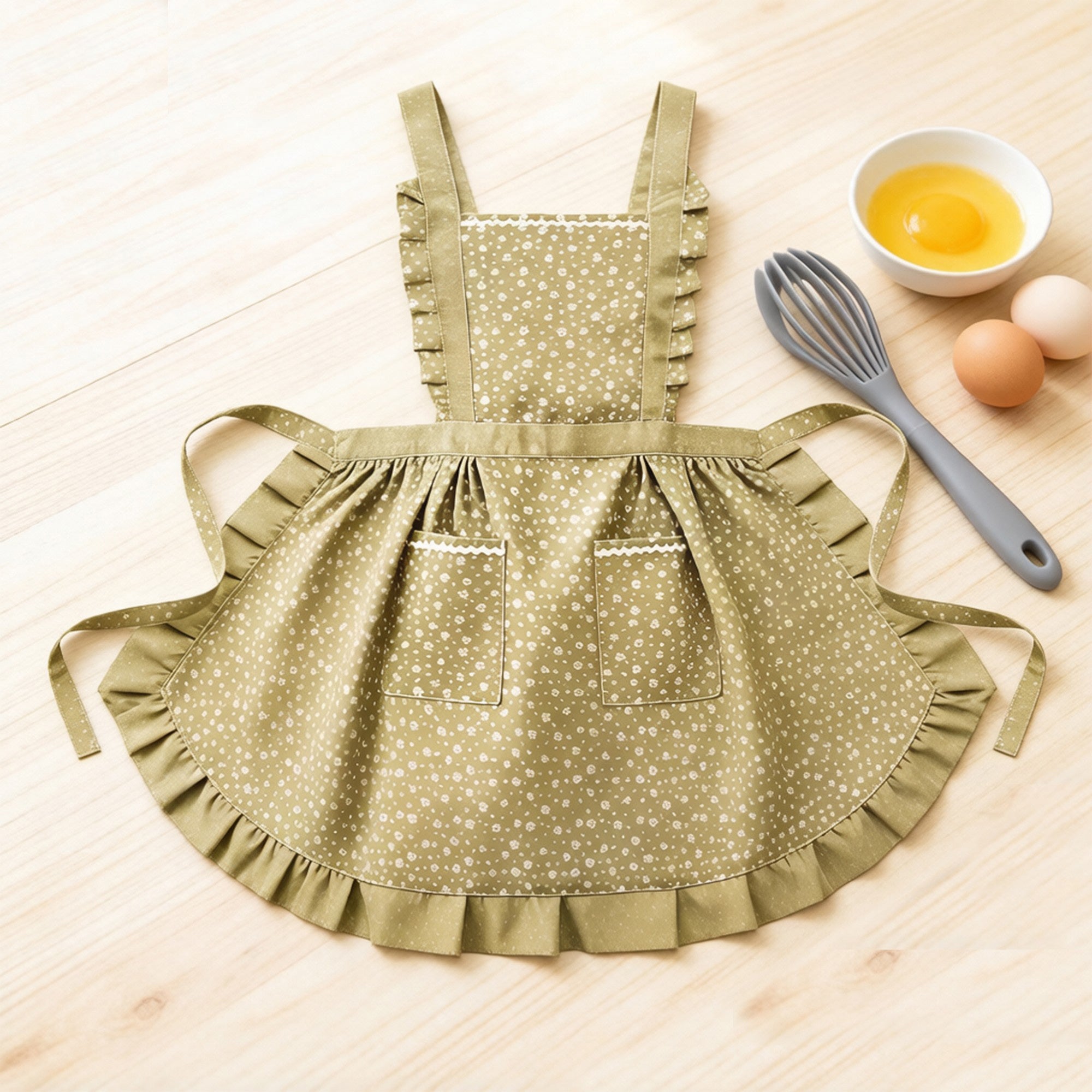 Anna-Kaci Floral Print Kitchen Apron with Ruffled Trim Adjustable Waist Ties and Front Pockets