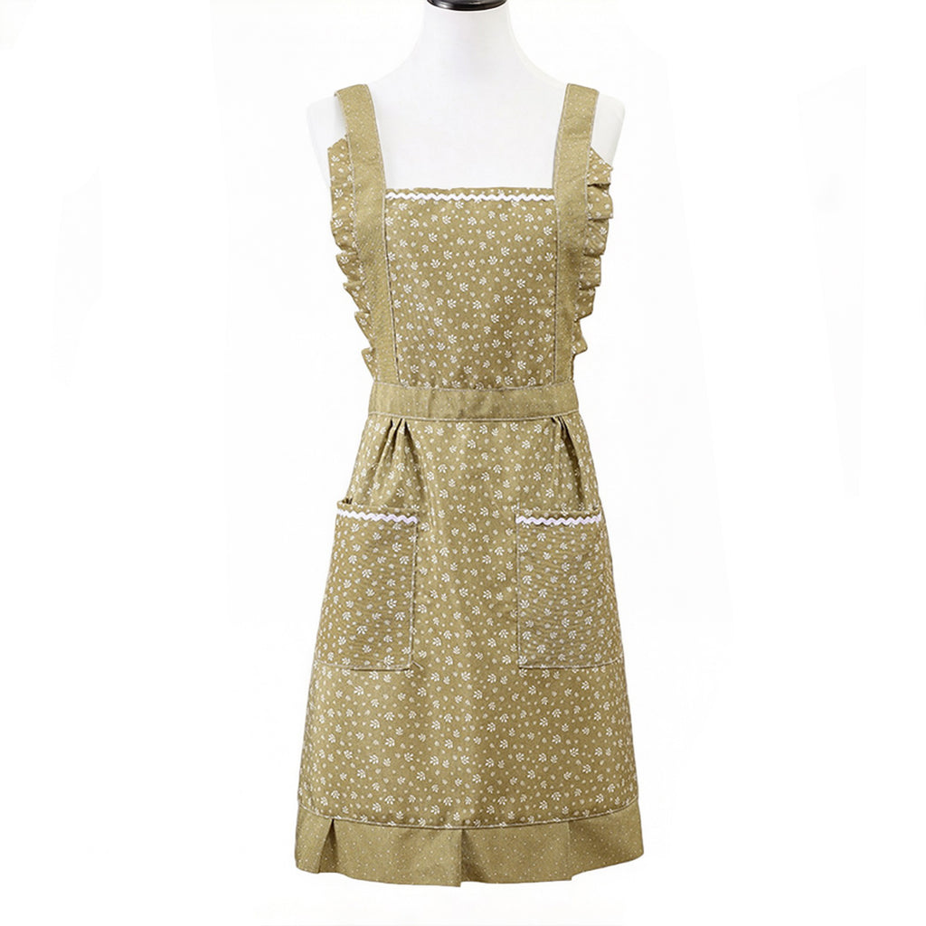 Anna-Kaci Floral Print Kitchen Apron with Ruffled Trim Adjustable Waist Ties and Front Pockets
