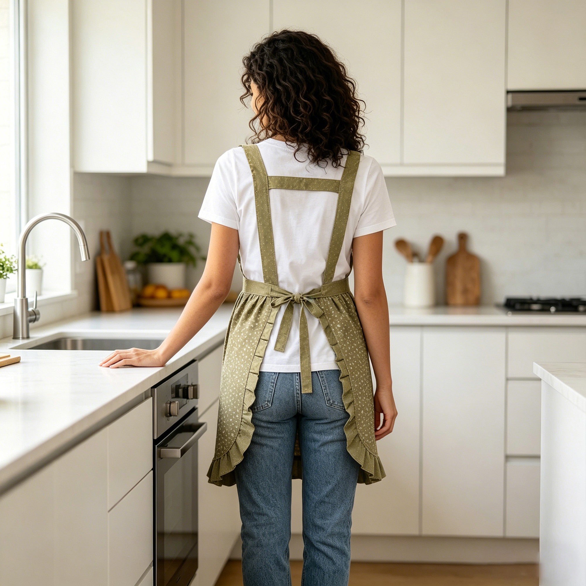 Anna-Kaci Floral Print Kitchen Apron with Ruffled Trim Adjustable Waist Ties and Front Pockets