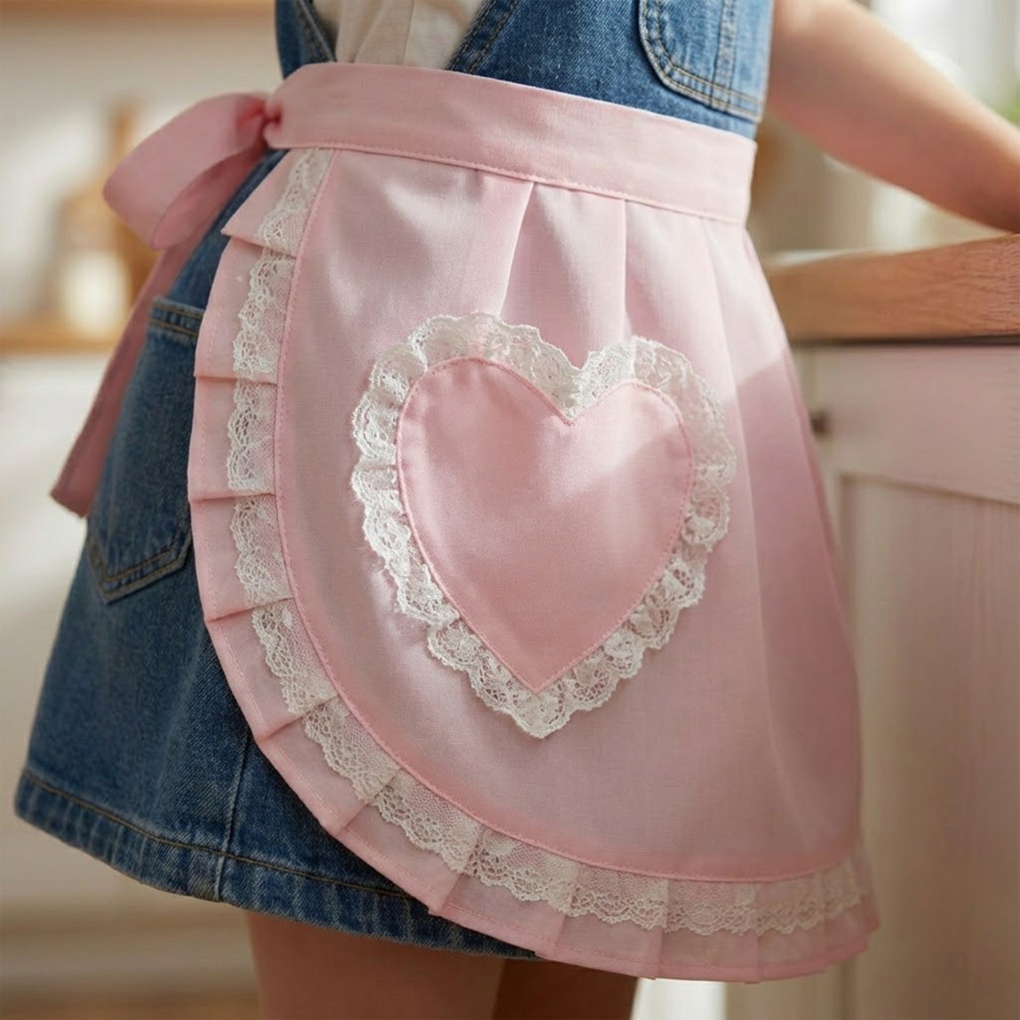 Anna-Kaci Decorative Waist Apron with Ruffle Trim Heart Pocket and Adjustable Ties