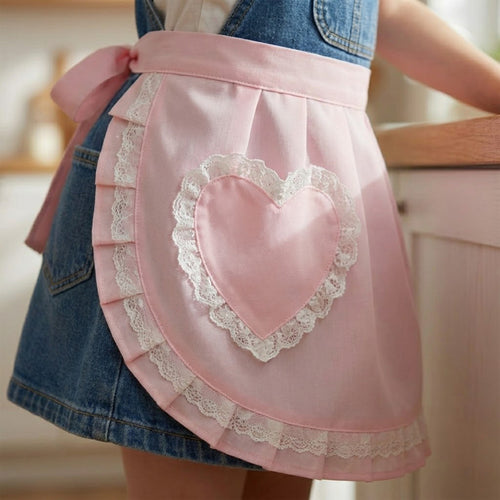 Anna-Kaci Decorative Waist Apron with Ruffle Trim Heart Pocket and Adjustable Ties