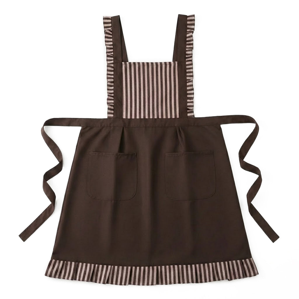 Anna-Kaci Striped Full Bib Apron with Ruffle Straps Dual Pockets and Waist Ties