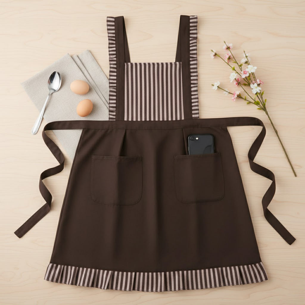 Anna-Kaci Striped Full Bib Apron with Ruffle Straps Dual Pockets and Waist Ties