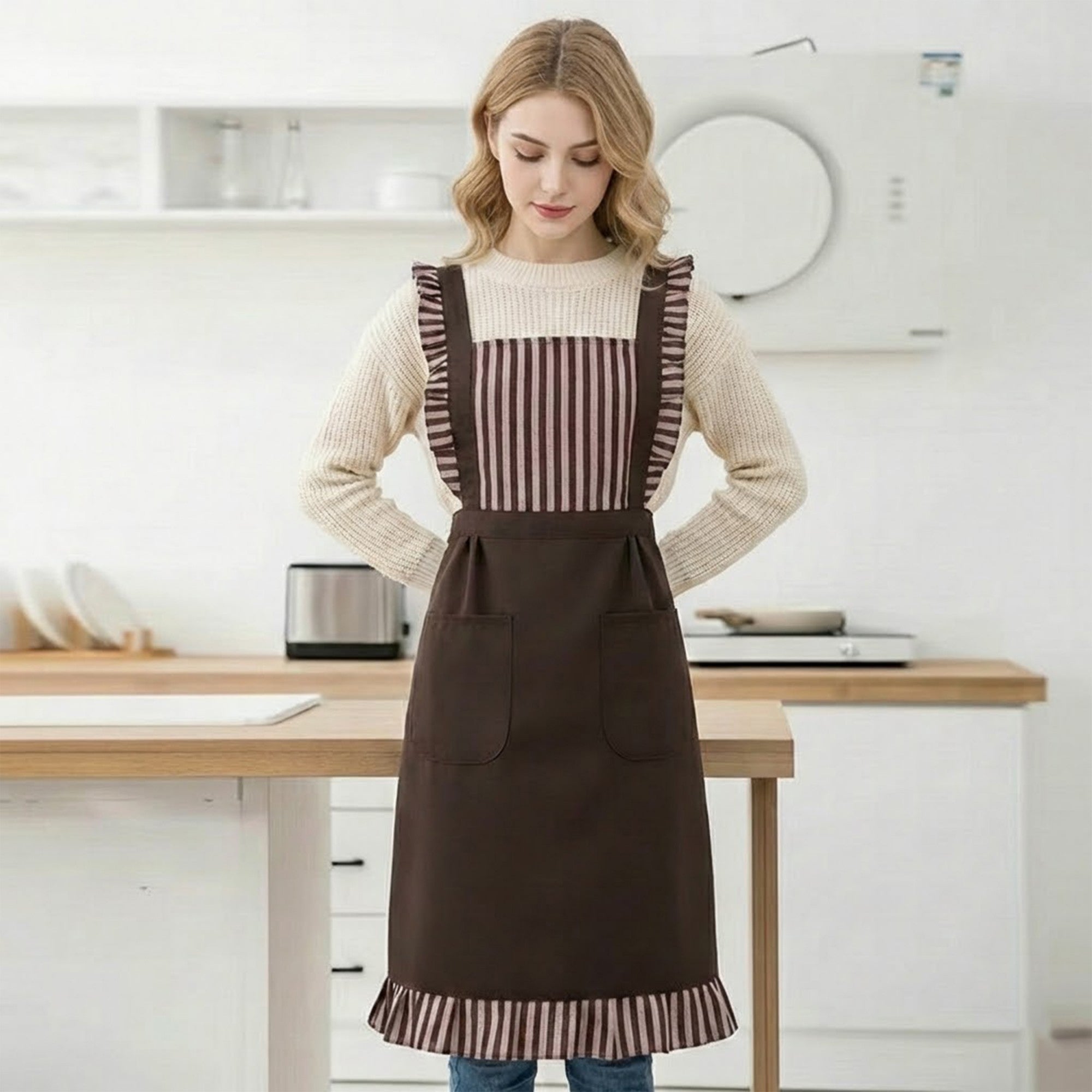 Anna-Kaci Striped Full Bib Apron with Ruffle Straps Dual Pockets and Waist Ties