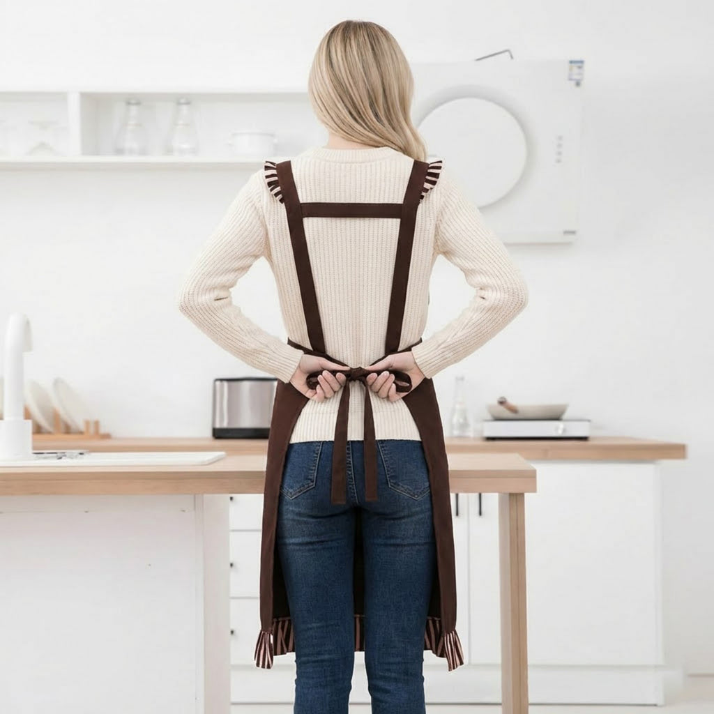 Anna-Kaci Striped Full Bib Apron with Ruffle Straps Dual Pockets and Waist Ties
