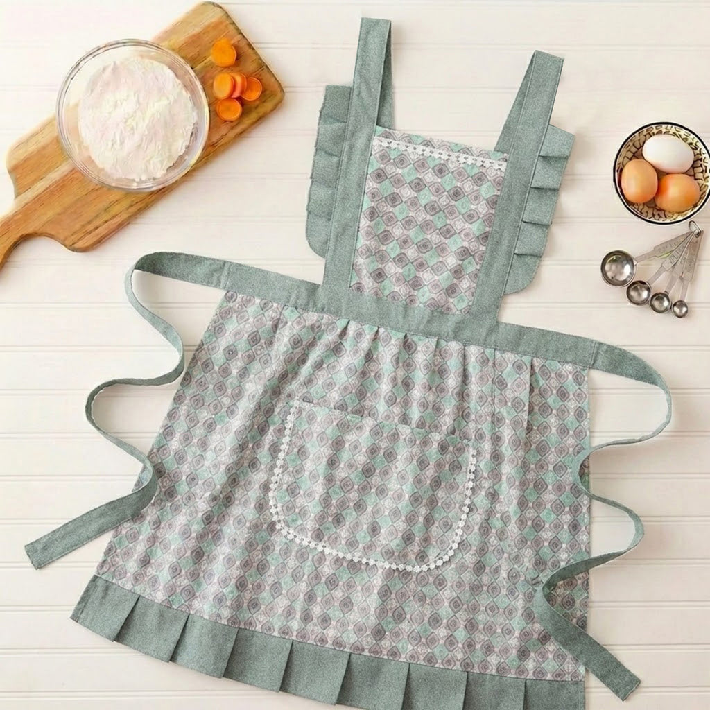 Anna-Kaci Printed Full Bib Apron with Ruffle Straps Pocket and Waist Ties