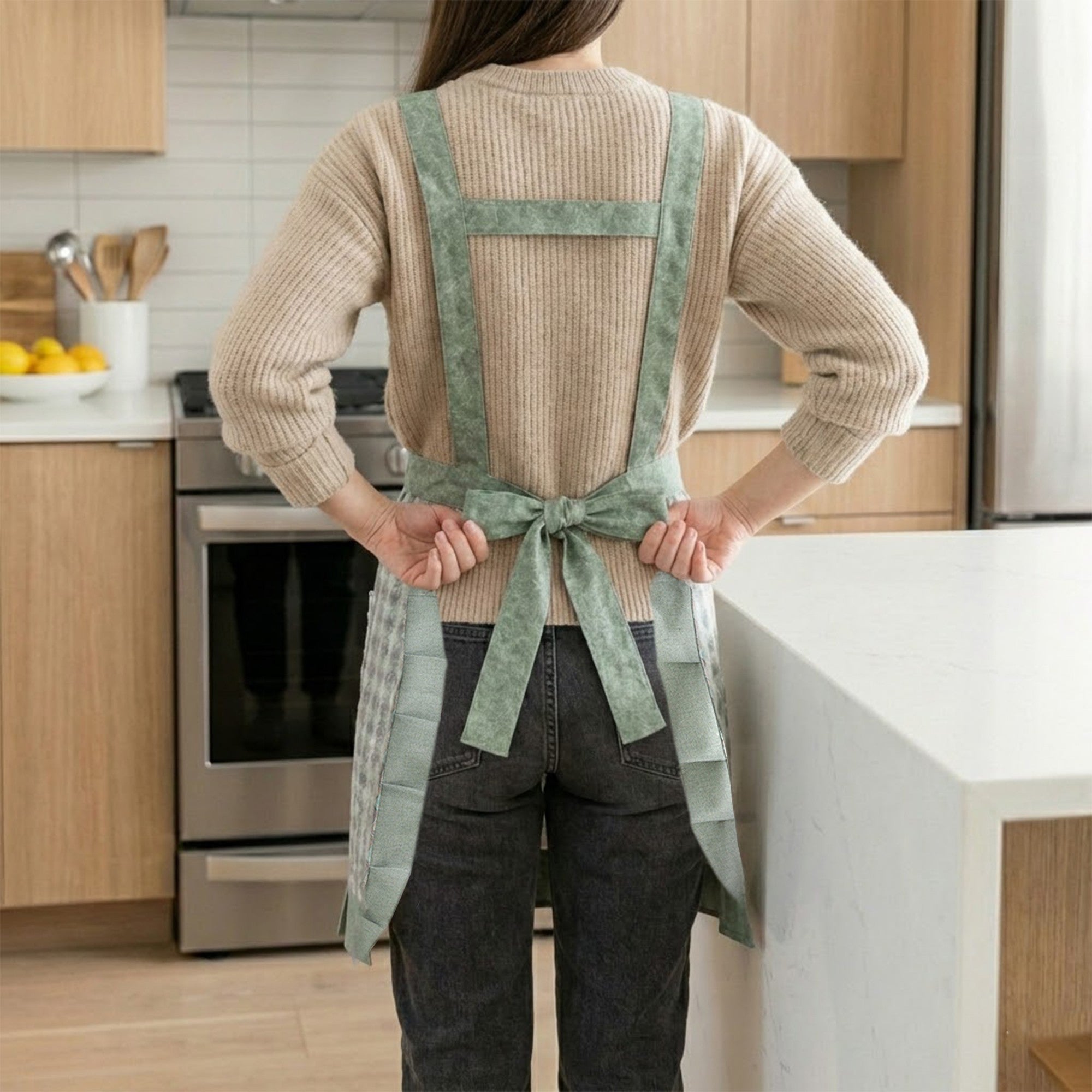 Anna-Kaci Printed Full Bib Apron with Ruffle Straps Pocket and Waist Ties