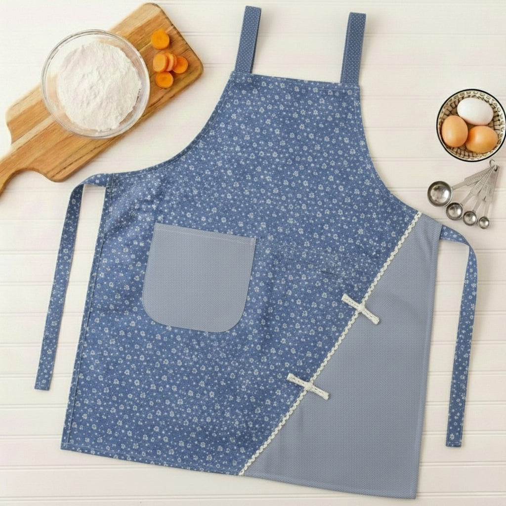 Anna-Kaci Floral Pattern Kitchen Apron with Adjustable Shoulder Straps Front Pocket and Decorative Trim Detail
