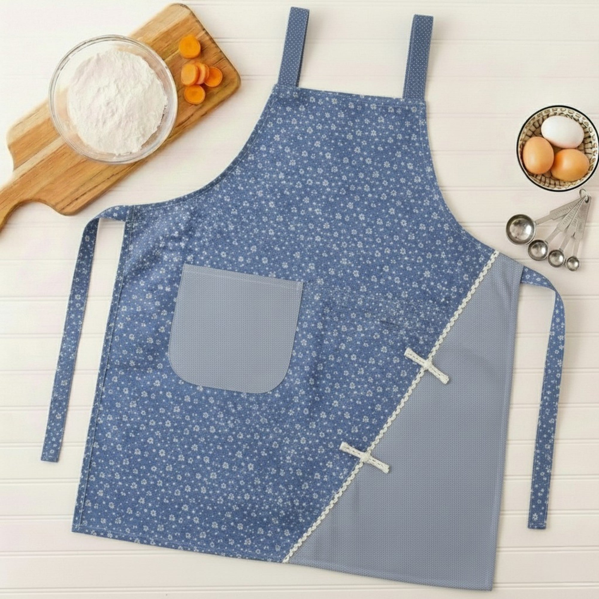 Anna-Kaci Floral Pattern Kitchen Apron with Adjustable Shoulder Straps Front Pocket and Decorative Trim Detail