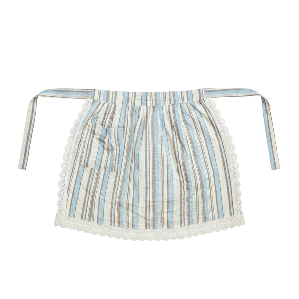 Anna-Kaci Adjustable Waist Tie Striped Apron with Lace Trim and Front Pocket