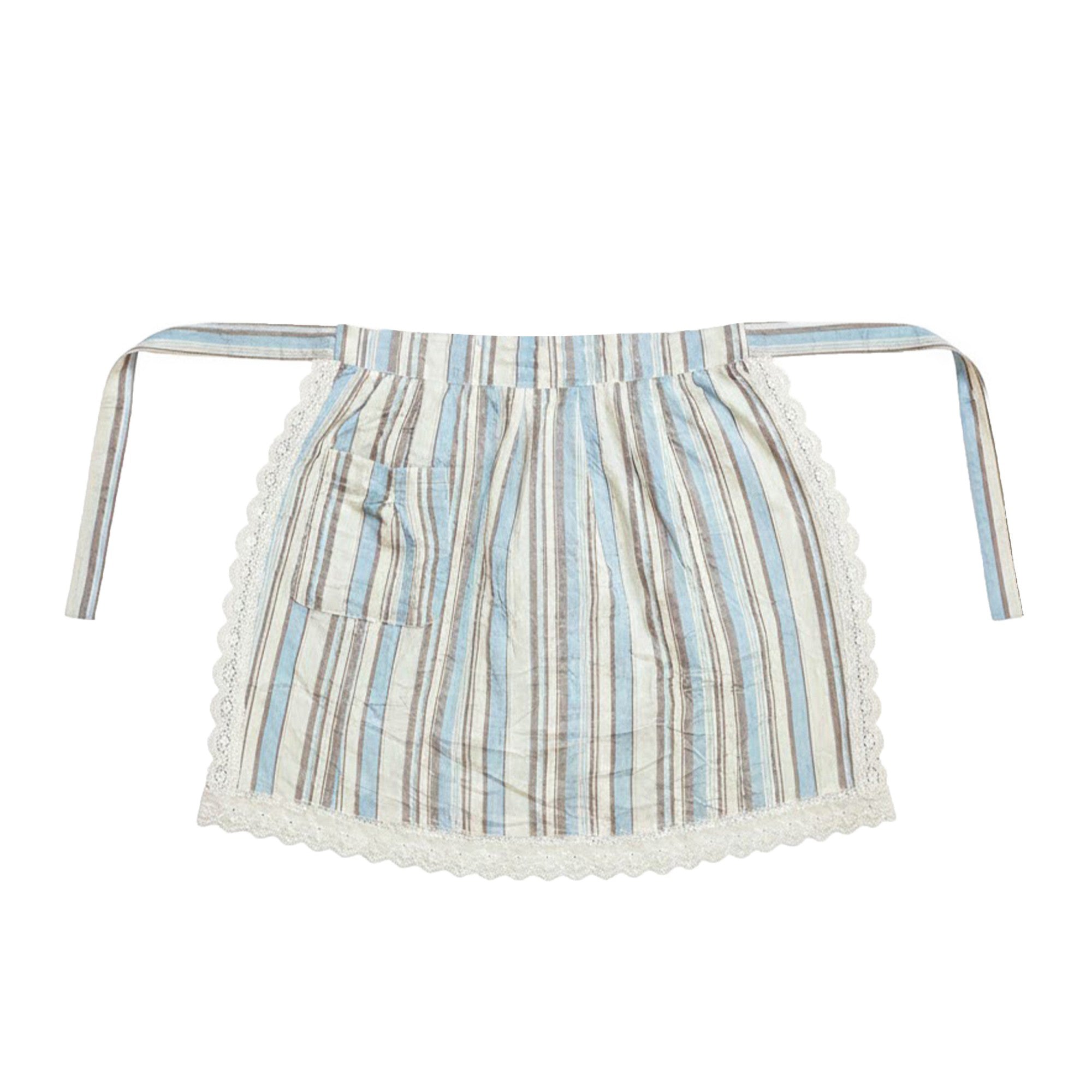 Anna-Kaci Adjustable Waist Tie Striped Apron with Lace Trim and Front Pocket