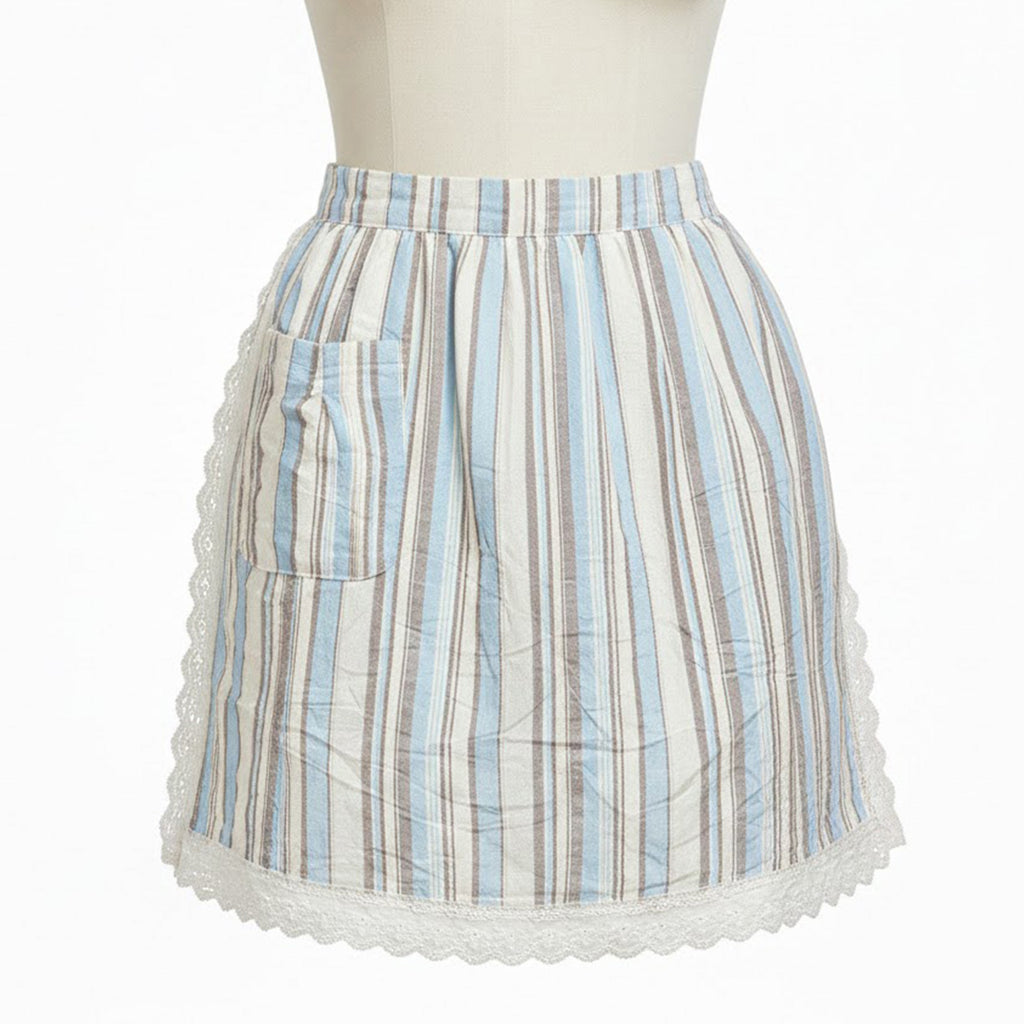 Anna-Kaci Adjustable Waist Tie Striped Apron with Lace Trim and Front Pocket