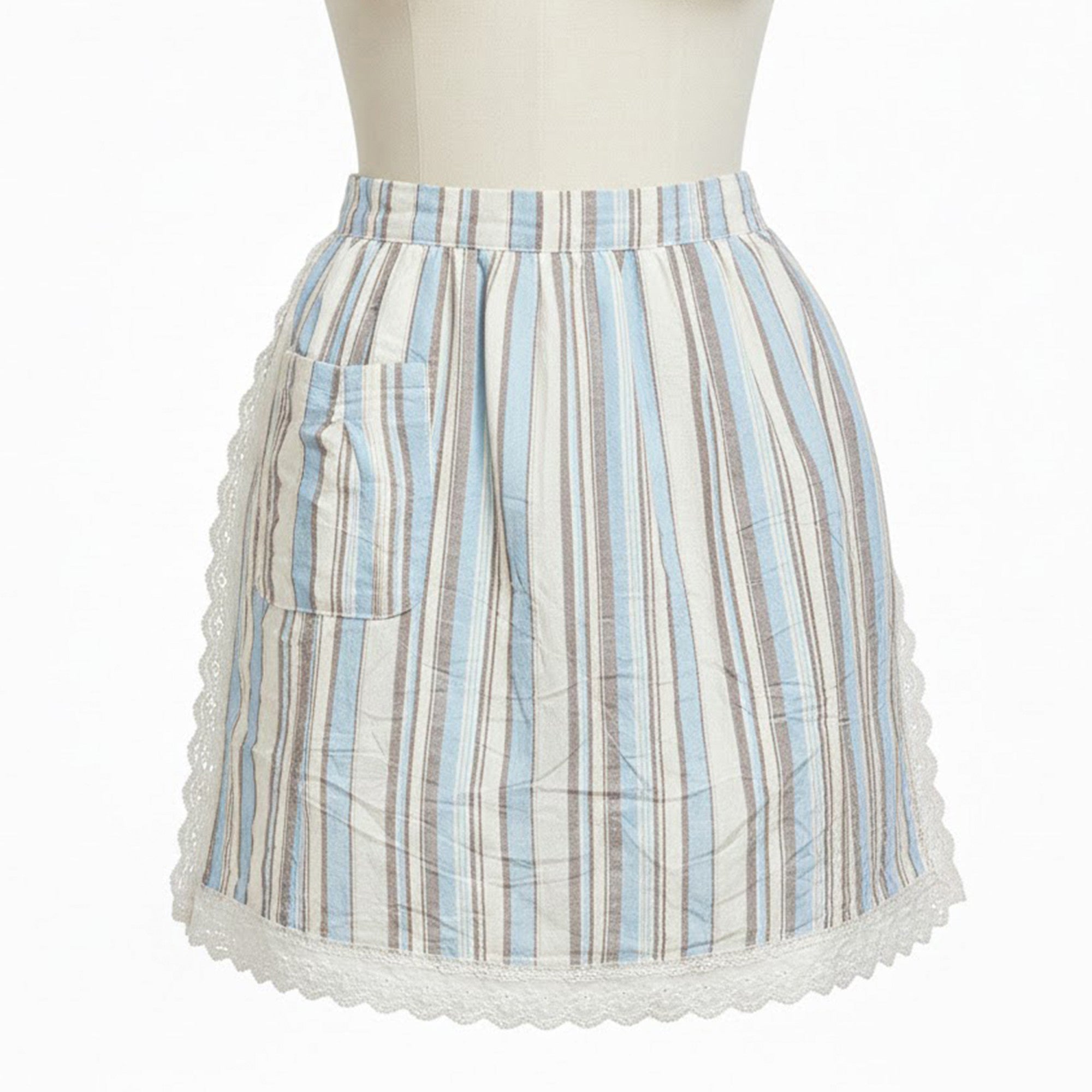Anna-Kaci Adjustable Waist Tie Striped Apron with Lace Trim and Front Pocket