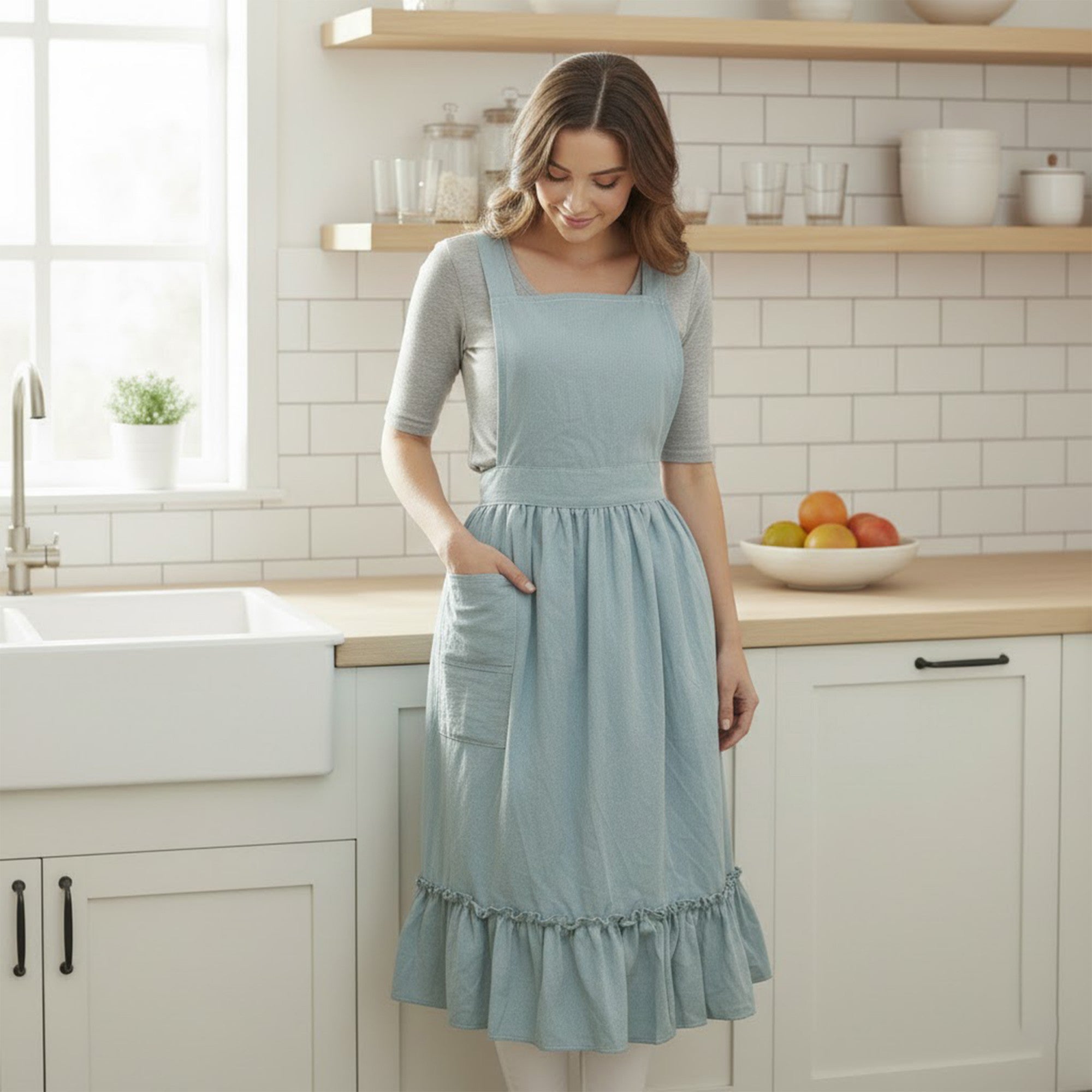 Anna-Kaci Adjustable Strap Ruffle Hem Apron with Front Pocket and Soft Fabric Design