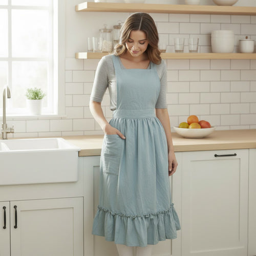 Anna-Kaci Adjustable Strap Ruffle Hem Apron with Front Pocket and Soft Fabric Design