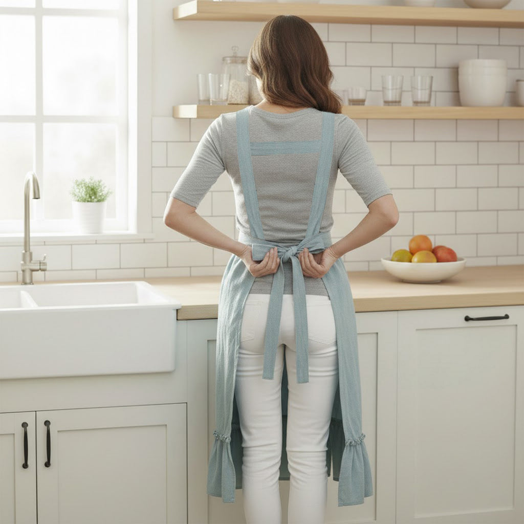 Anna-Kaci Adjustable Strap Ruffle Hem Apron with Front Pocket and Soft Fabric Design