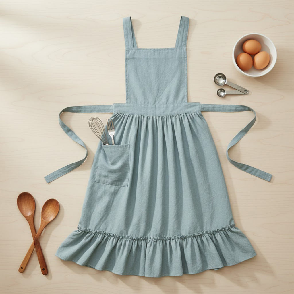 Anna-Kaci Adjustable Strap Ruffle Hem Apron with Front Pocket and Soft Fabric Design