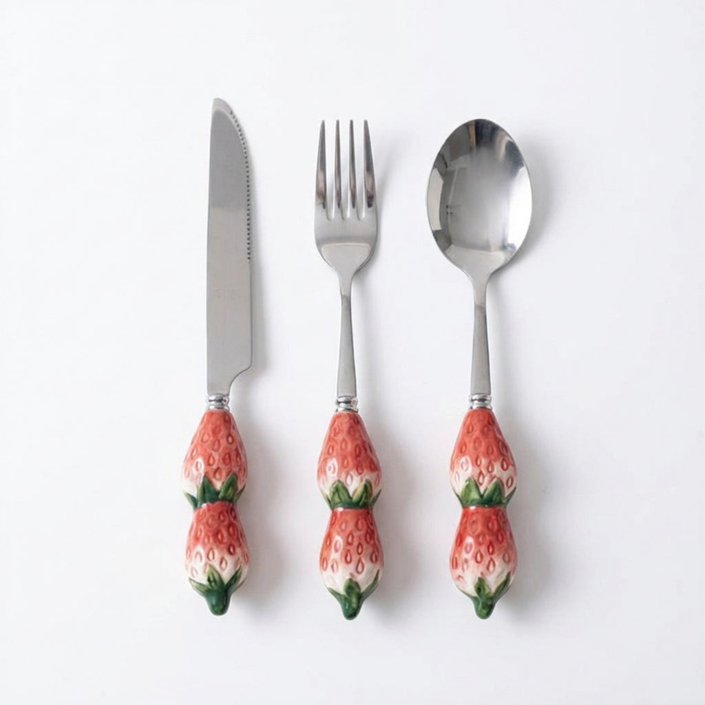 Anna-Kaci Strawberry Handle Flatware 3 Piece Set with Decorative Sculpted Design and Polished Metal Utensils