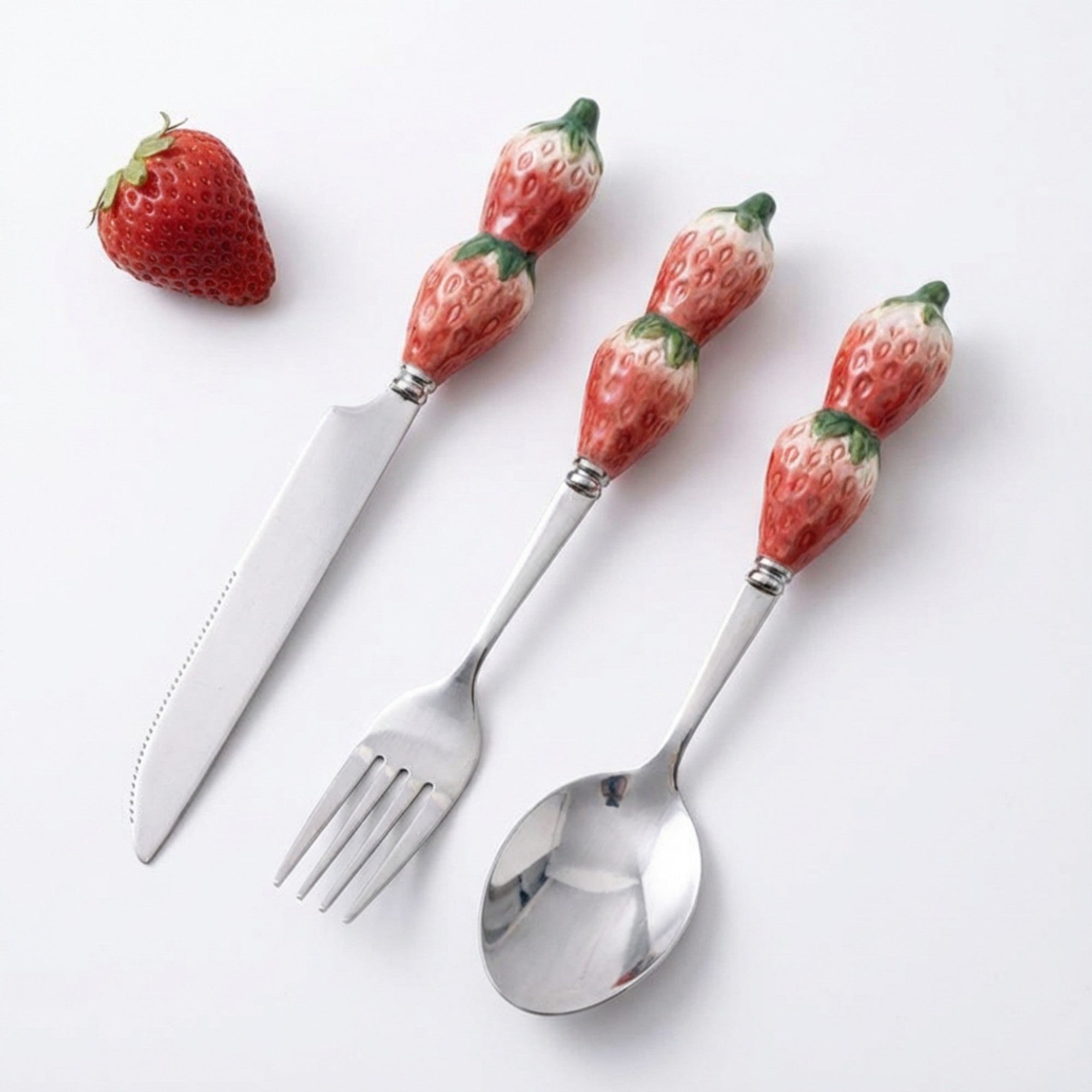 Anna-Kaci Strawberry Handle Flatware 3 Piece Set with Decorative Sculpted Design and Polished Metal Utensils