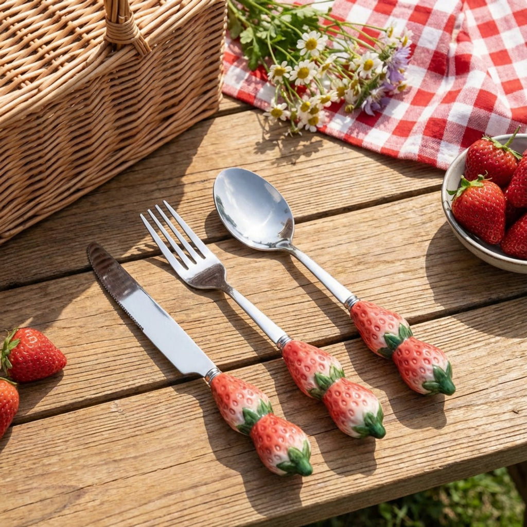 Anna-Kaci Strawberry Handle Flatware 3 Piece Set with Decorative Sculpted Design and Polished Metal Utensils