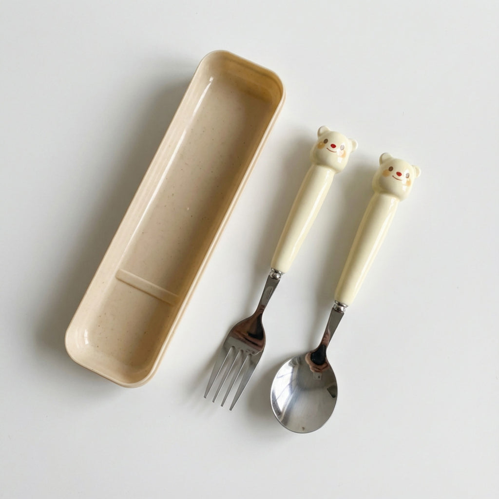 Anna-Kaci Portable Spoon and Fork Set with Storage Case Cute Character Handle Reusable Tableware