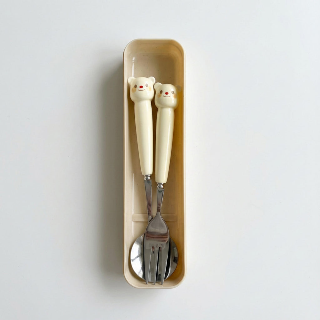 Anna-Kaci Portable Spoon and Fork Set with Storage Case Cute Character Handle Reusable Tableware