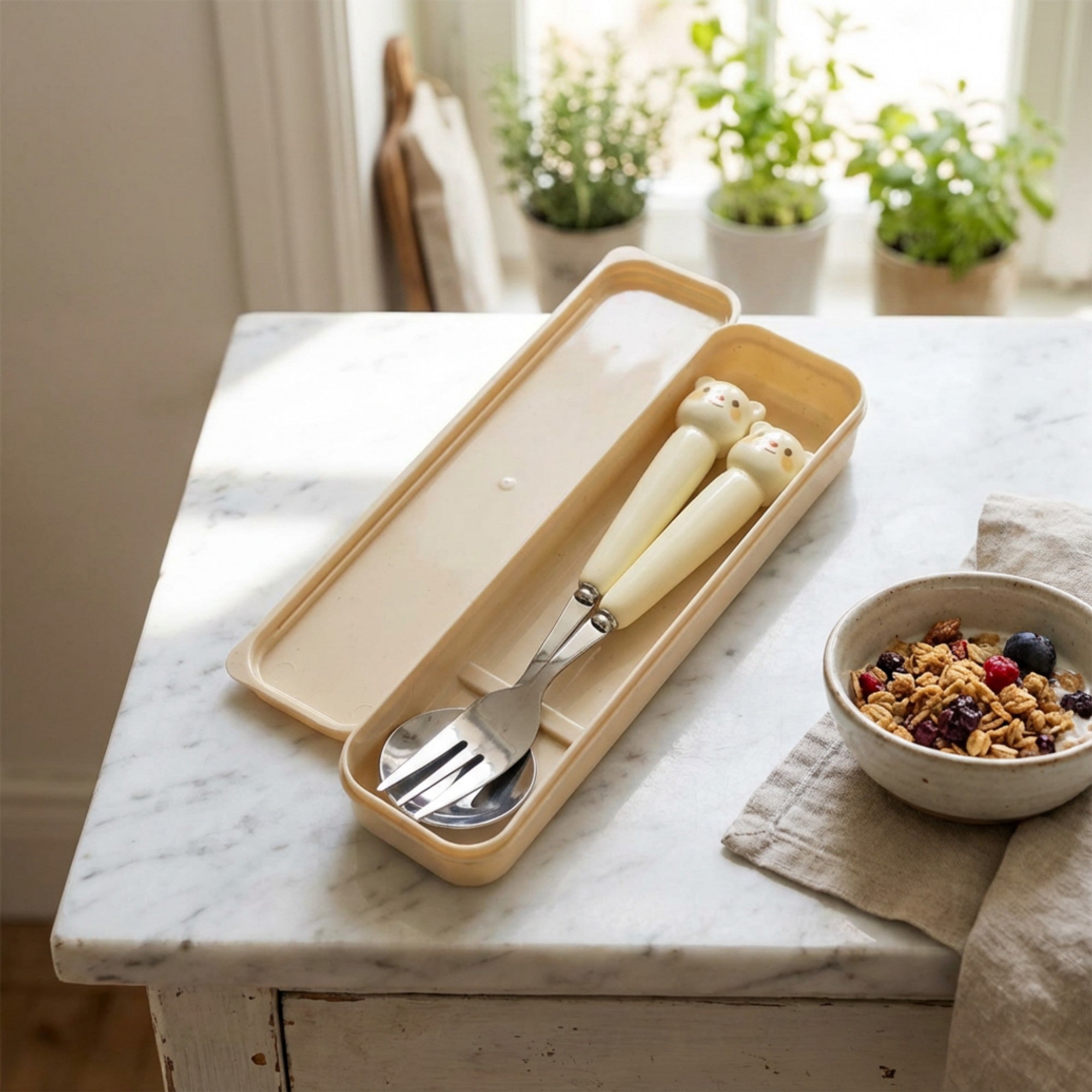 Anna-Kaci Portable Spoon and Fork Set with Storage Case Cute Character Handle Reusable Tableware
