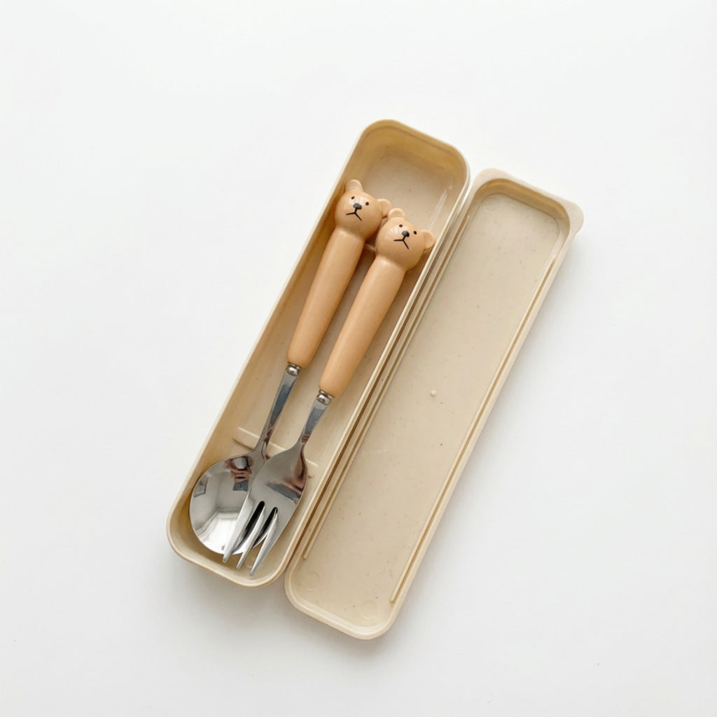 Anna-Kaci Portable Spoon and Fork Set with Storage Case Cute Character Handle Reusable Tableware