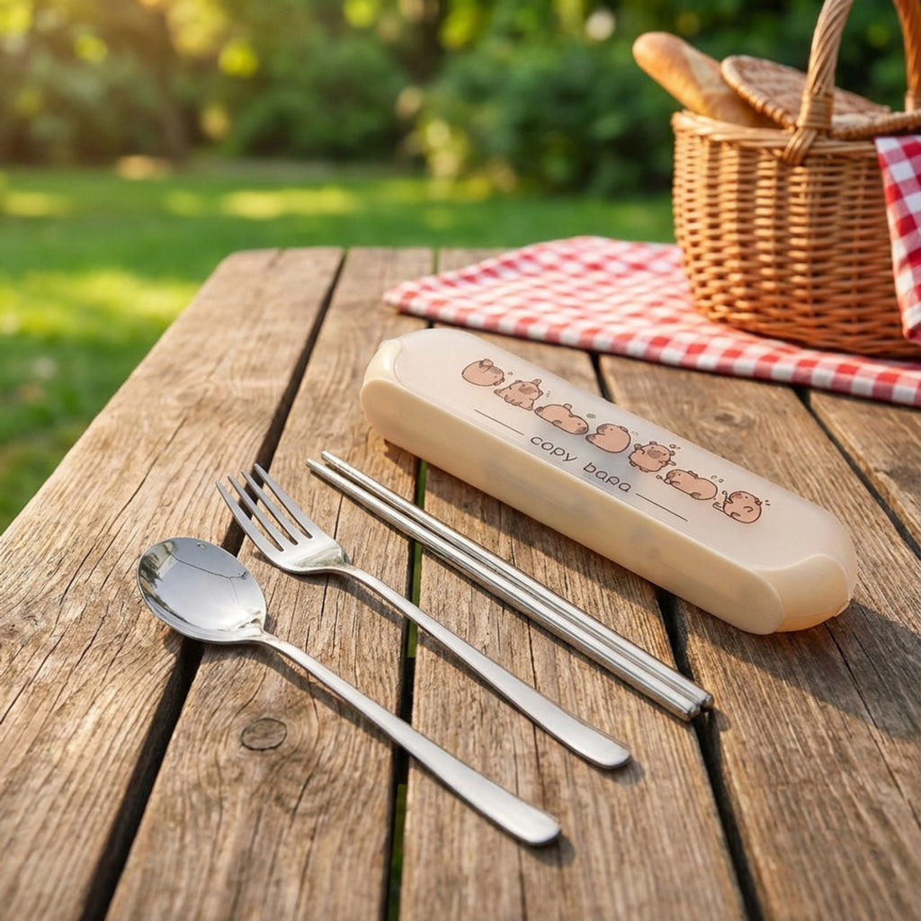 Anna-Kaci Panda Print Portable Cutlery Set with Storage Case Spoon Fork Chopsticks Travel Tableware