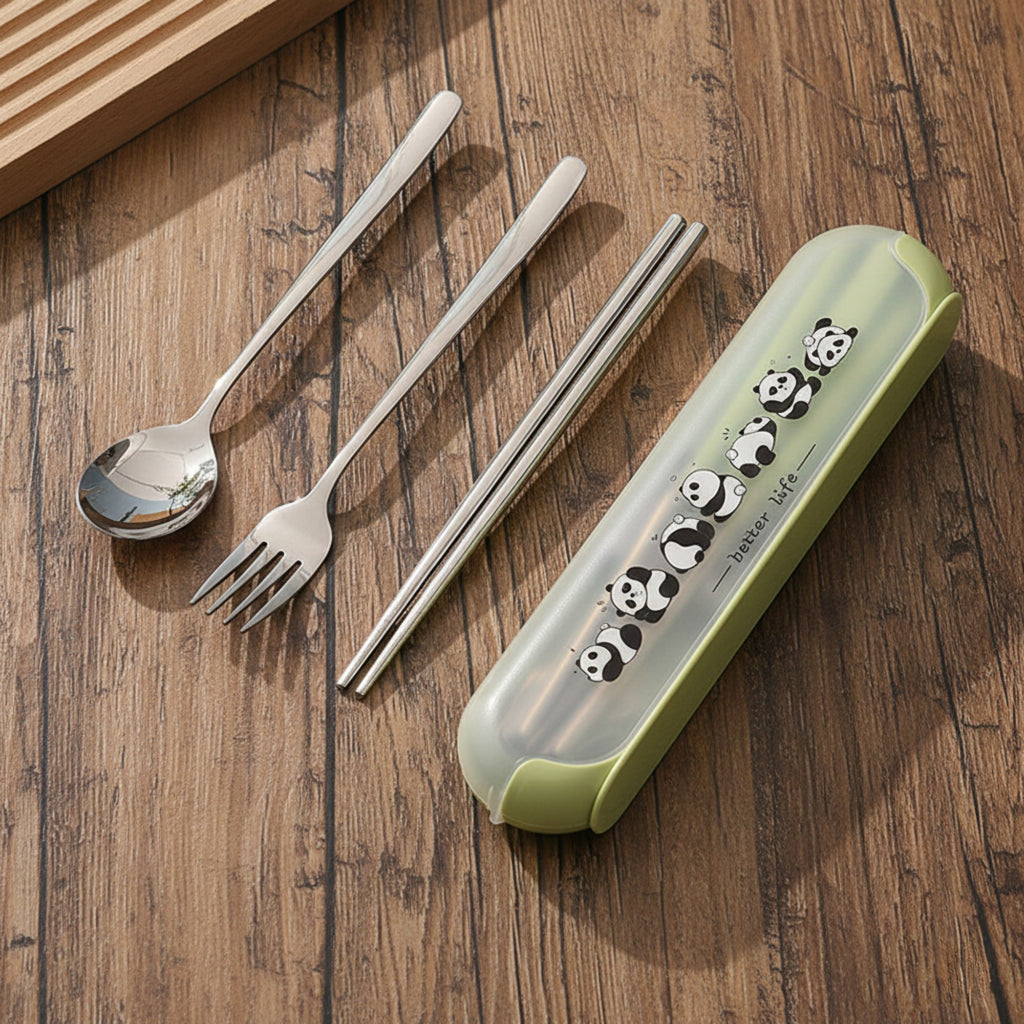 Anna-Kaci Panda Print Portable Cutlery Set with Storage Case Spoon Fork Chopsticks Travel Tableware
