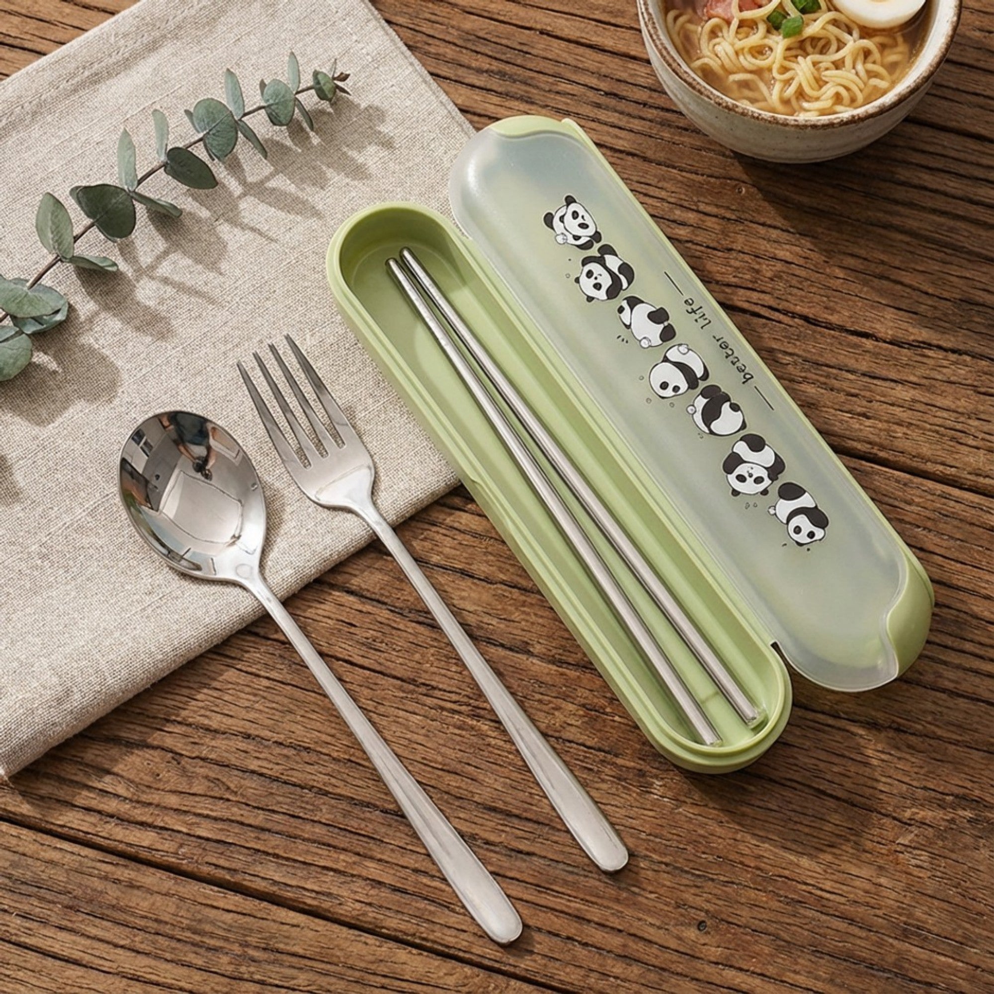 Anna-Kaci Panda Print Portable Cutlery Set with Storage Case Spoon Fork Chopsticks Travel Tableware