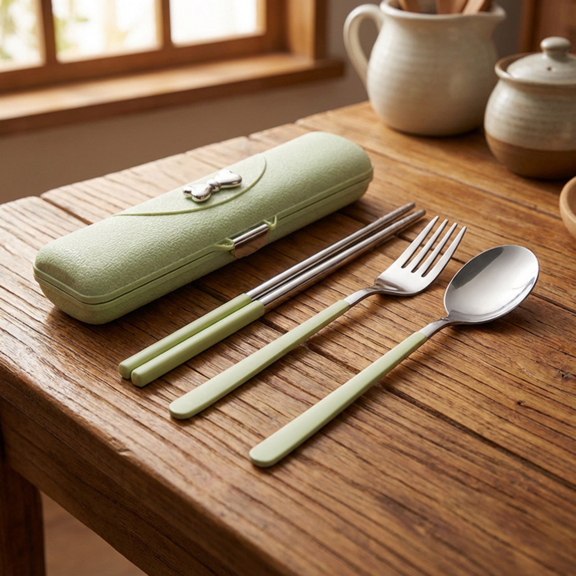 Anna-Kaci Portable Flatware Set with Storage Case Chopsticks Fork Spoon Travel Dining Utensils