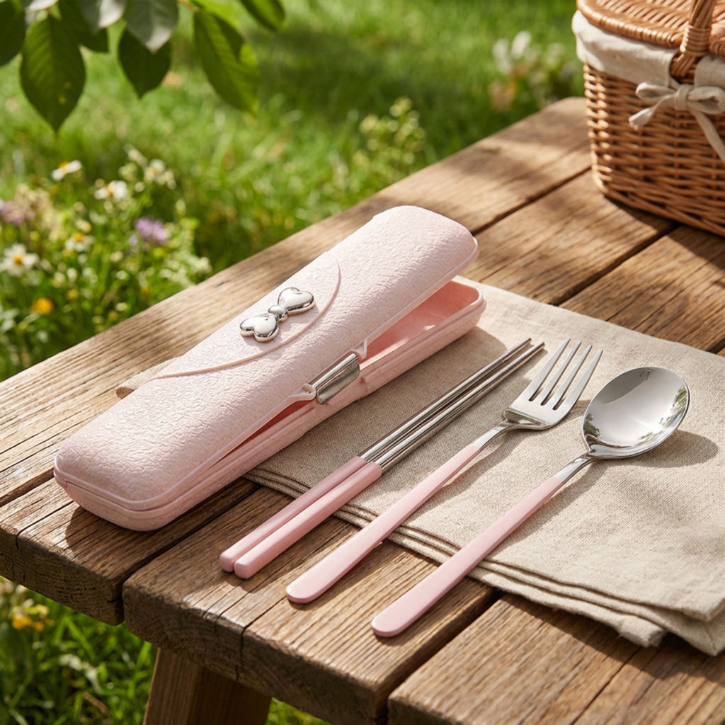 Anna-Kaci Portable Flatware Set with Storage Case Chopsticks Fork Spoon Travel Dining Utensils