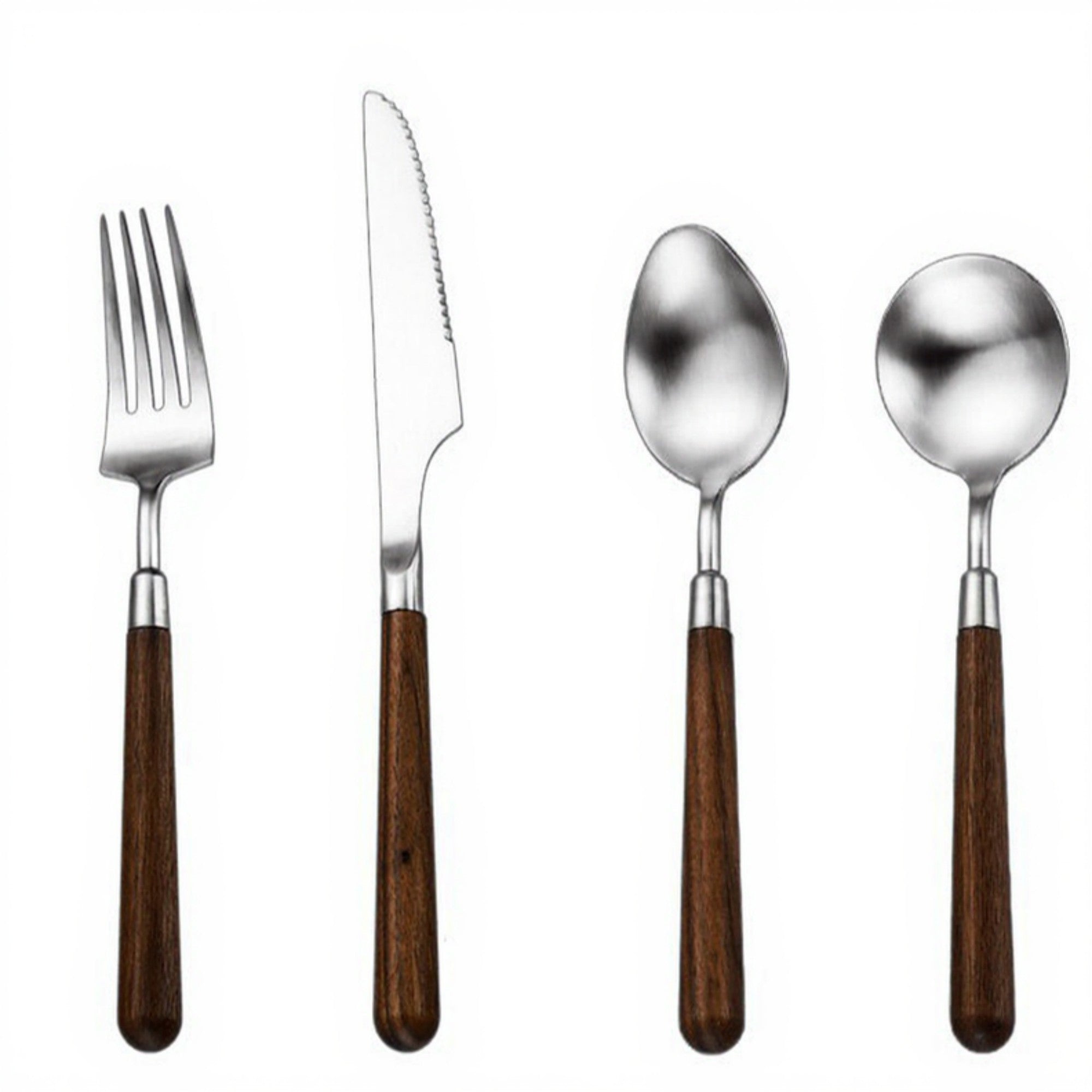 Anna-Kaci Wooden Handle Stainless Steel Flatware Set with Fork Knife and Spoons 4 Piece Set