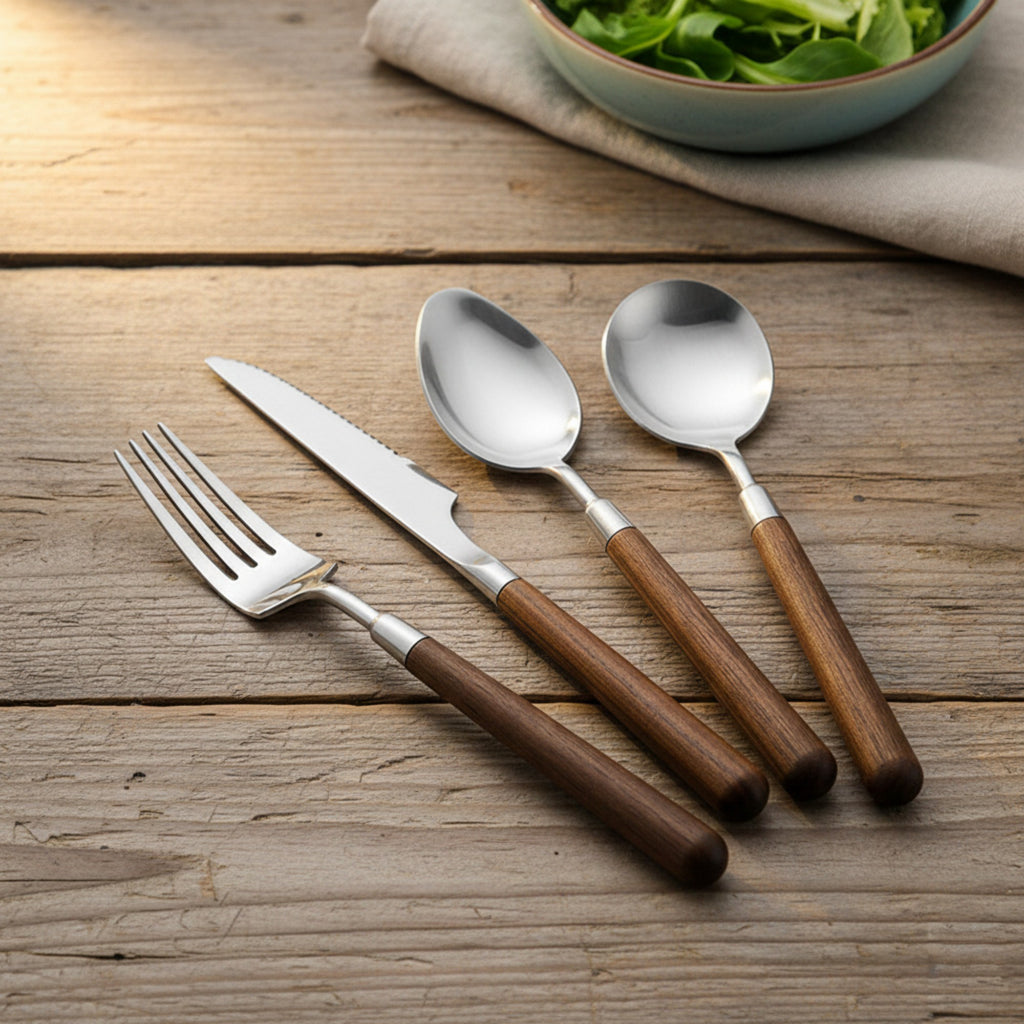 Anna-Kaci Wooden Handle Stainless Steel Flatware Set with Fork Knife and Spoons 4 Piece Set
