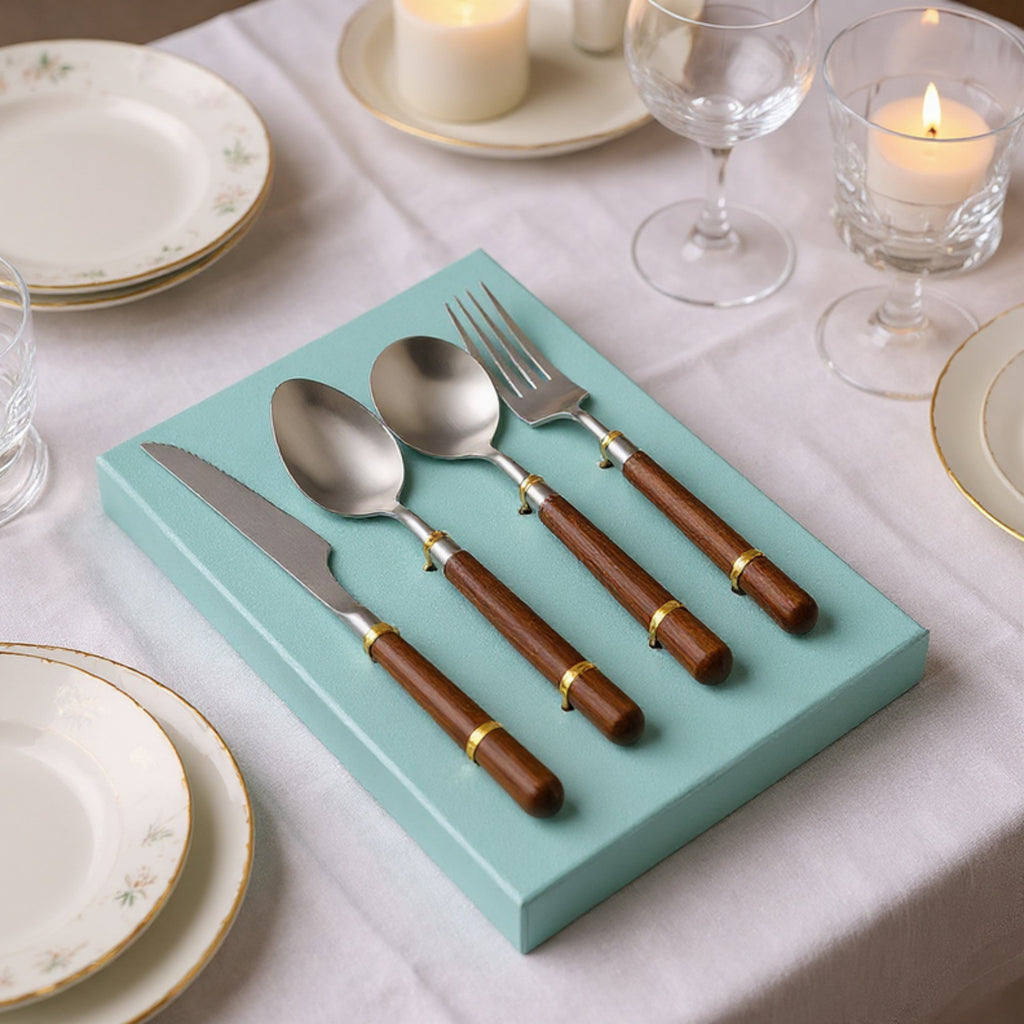 Anna-Kaci Wooden Handle Stainless Steel Flatware Set with Fork Knife and Spoons 4 Piece Set