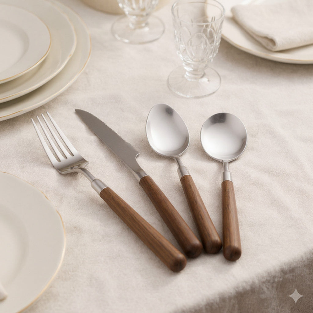 Anna-Kaci Wooden Handle Stainless Steel Flatware Set with Fork Knife and Spoons 4 Piece Set
