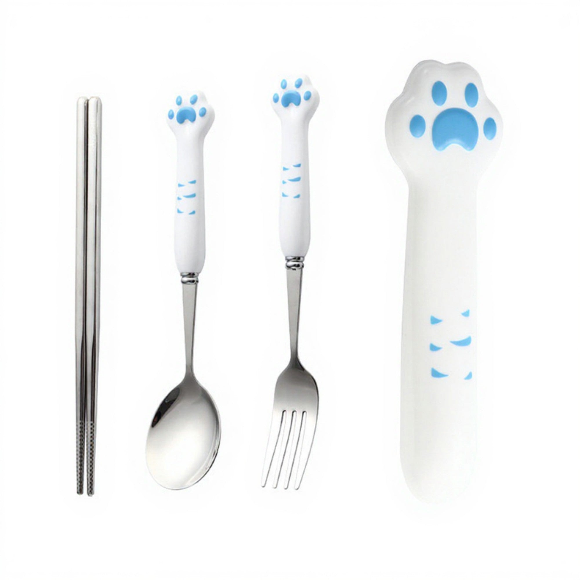 Anna-Kaci Paw Handle Stainless Steel Kids Flatware Set with Spoon Fork Chopsticks and Storage Case